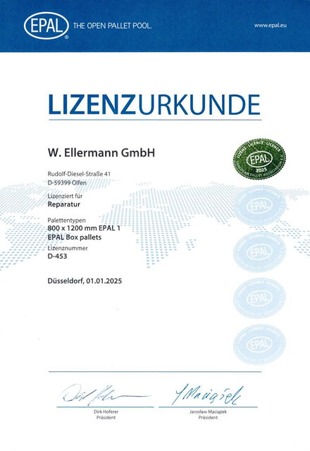 Ellermann Paletten Lizenzurkunde Reparatur