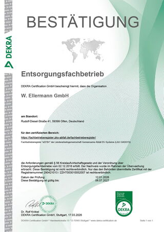 W. Ellermann Zertifizierung als Entsorgungsfachbetrieb