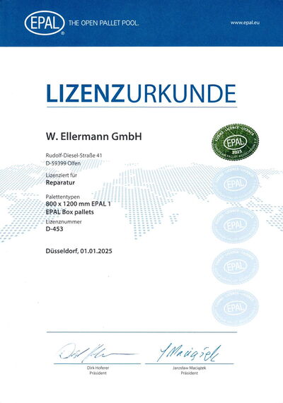 Ellermann Paletten Lizenzurkunde Reparatur