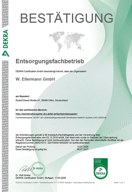 W. Ellermann Zertifizierung als Entsorgungsfachbetrieb